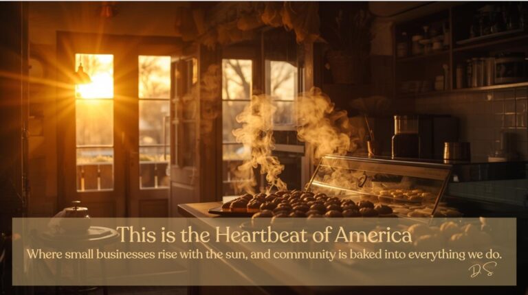 Freshly baked bread steaming in the morning light of a small-town bakery, symbolizing the hardworking spirit and unity of America’s small businesses.