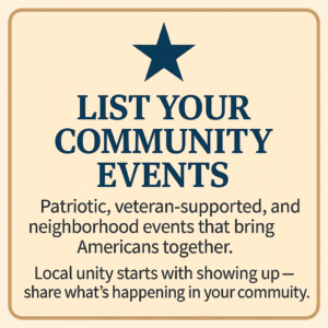 List your patriotic, veteran-supported, and community events – Pledge Allegiance event submission banner.